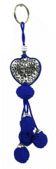 Porte-cles artisanal coeur en metal argente cisele et pompon en sabra - Bleu
