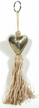 Porte-cles / Pendentif artisanal coeur en metal argente cisele et pompon en sabra - Beige