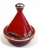 Tajine moyen decoratif marocain de couleur rouge brique en poterie cercle de metal argente