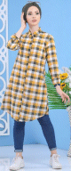 Chemise longue mastoura a carreaux de couleur jaune, moutarde et kaki pour femme