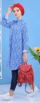 Chemise Longue a motifs (100% coton) pour femme - Couleur bleue
