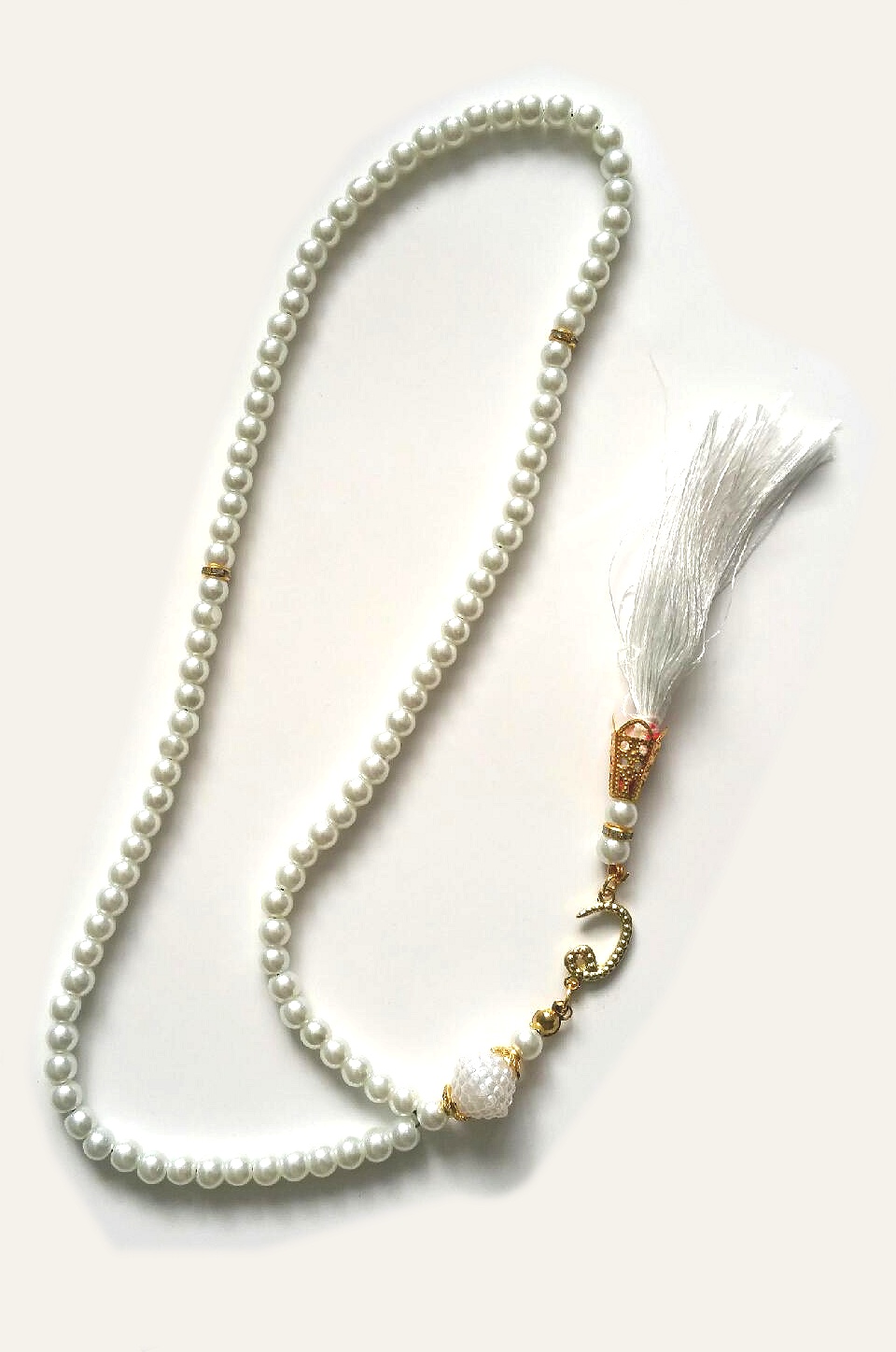 Chapelet blanc - Sebha de luxe à 99 perles avec ponpon et séparateurs  dorés - Objet de décoration ou oeuvre artisanale sur